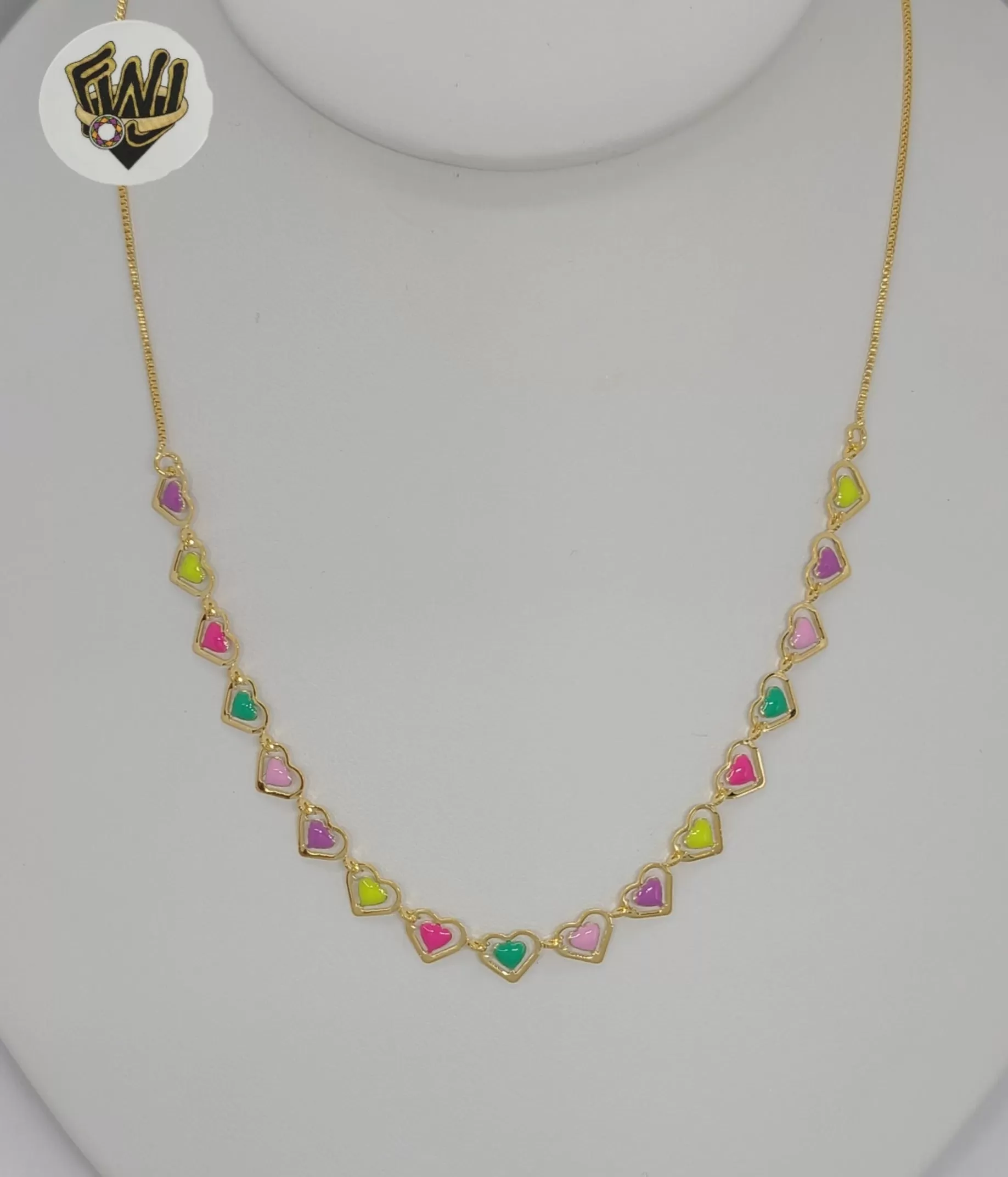 (1-6238) Gold Laminate - Box Link Multicolor Heart Necklace - 16 - BGF