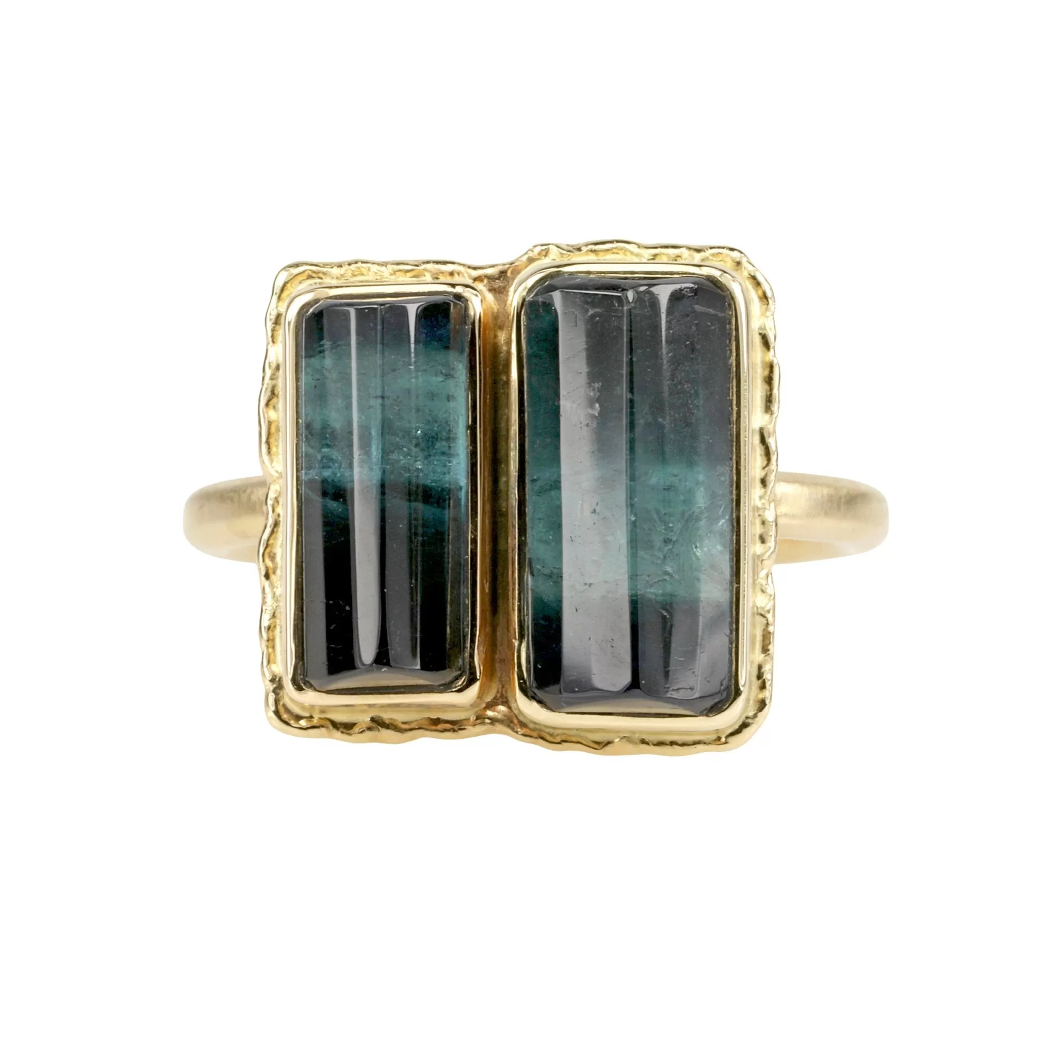 14K Gold Rectangular Double Blue-Green Tourmaline Ring