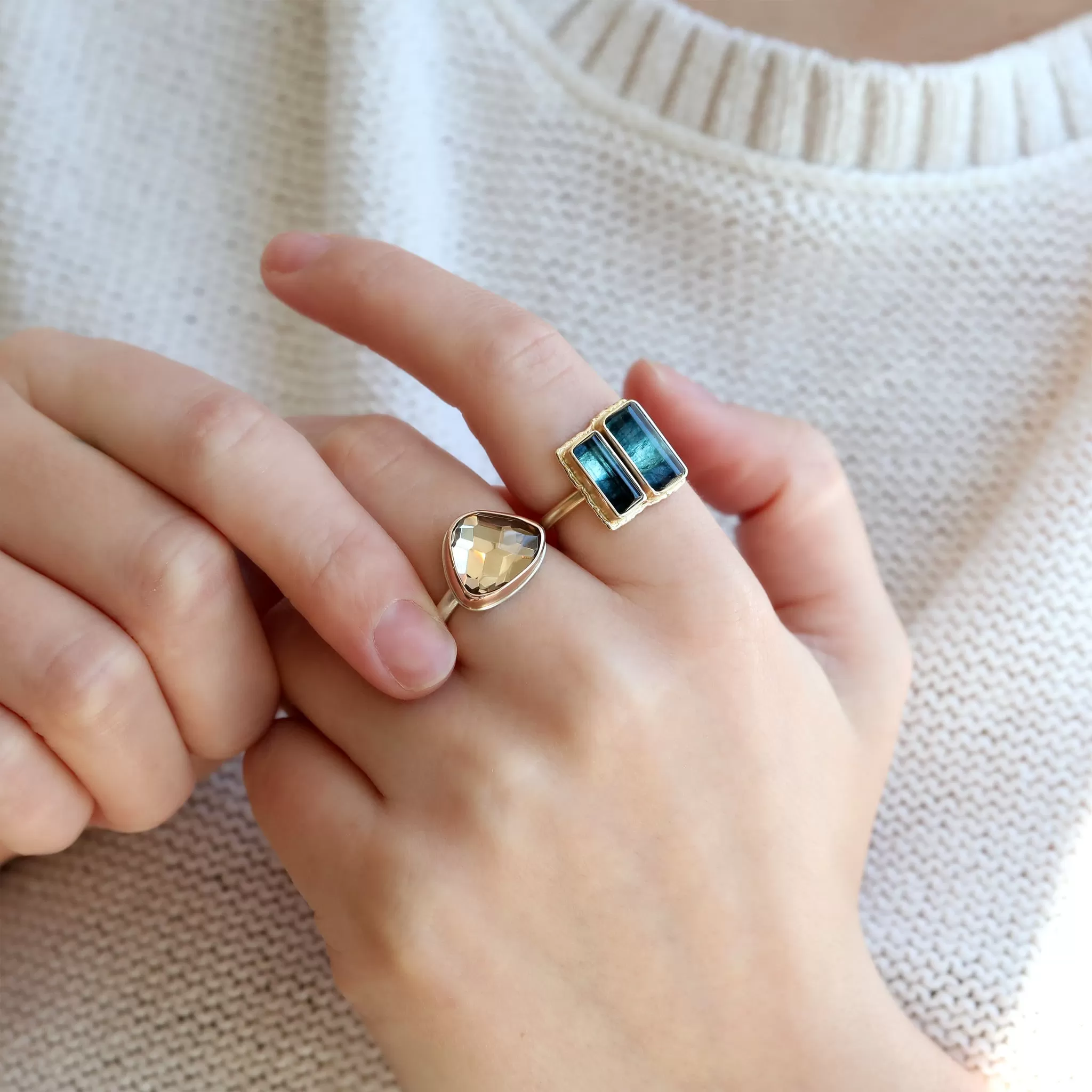 14K Gold Rectangular Double Blue-Green Tourmaline Ring