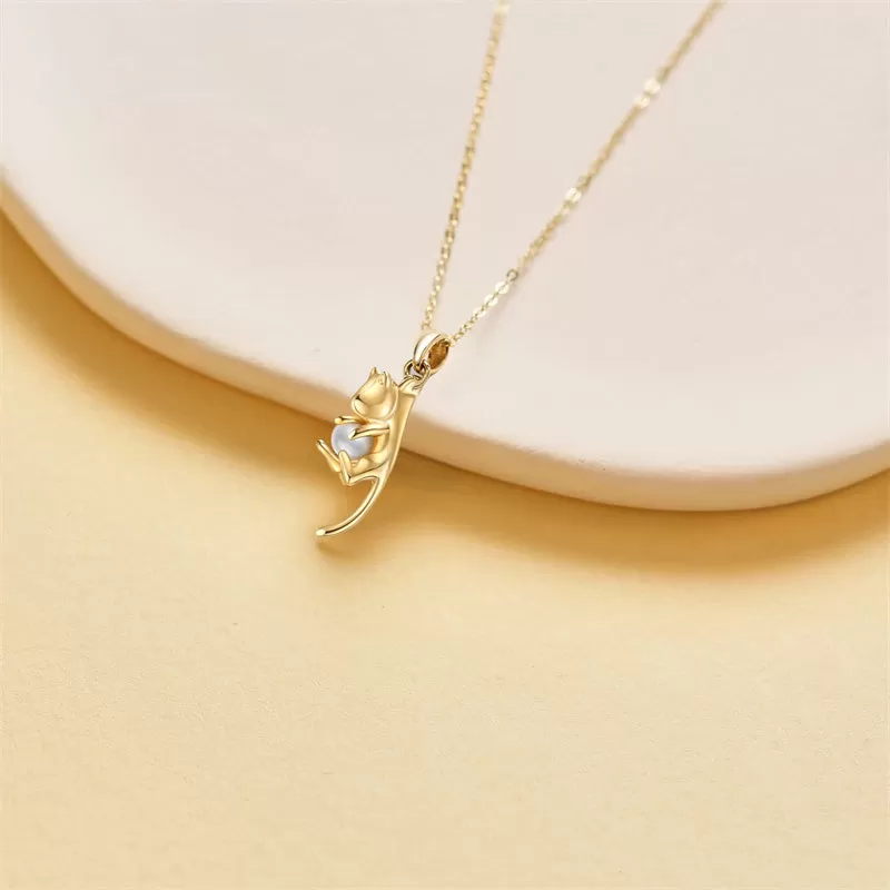 14K Real Gold Cat Pearl Cute Necklace Jewelry for Women Birthday Mothers Day Gift for Women Girl Her Girlfrien