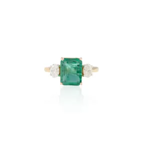 18K Gold Emerald Diamond Three Stone Ring