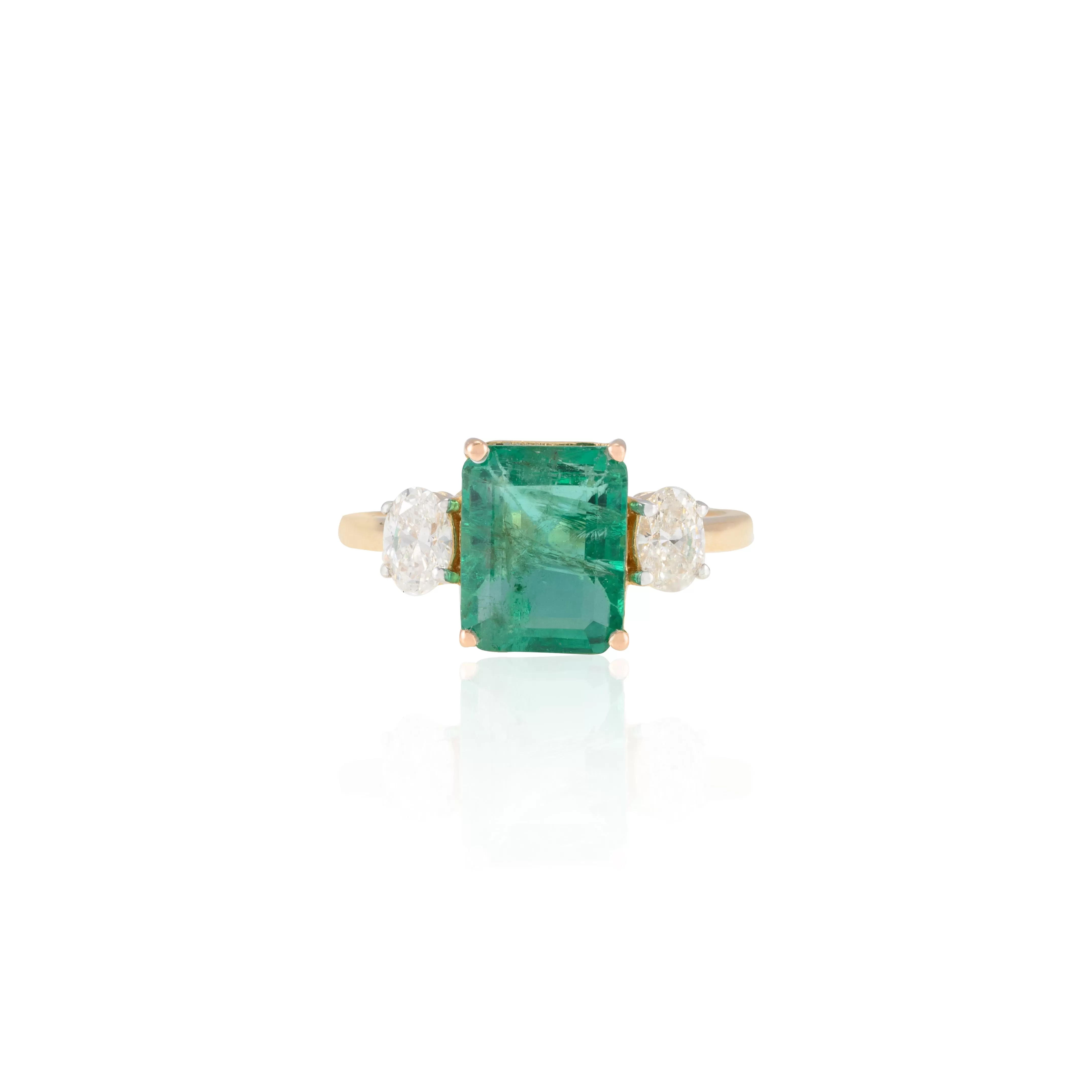 18K Gold Emerald Diamond Three Stone Ring