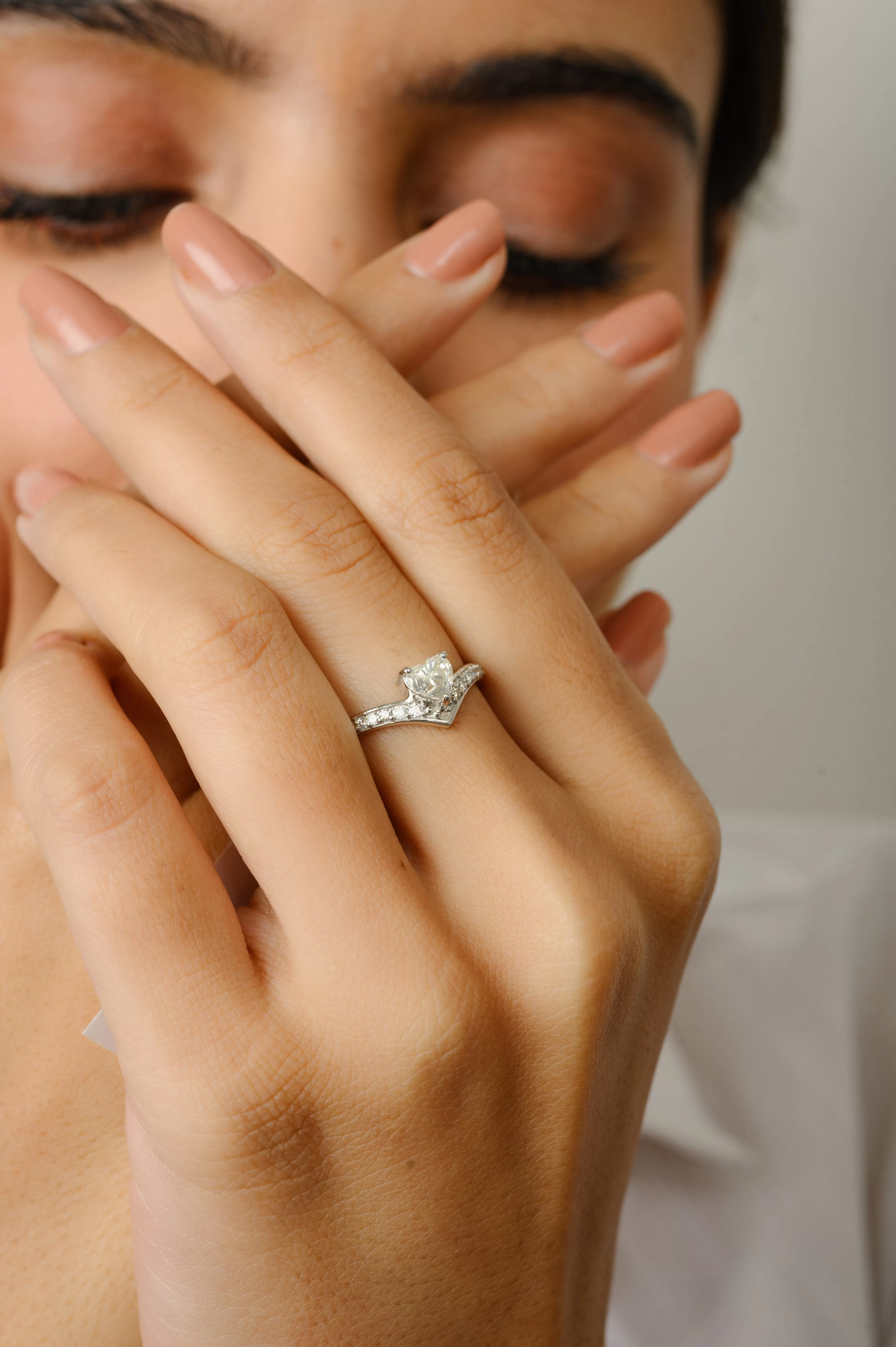 18K Gold Heart Shaped Diamond Chevron Ring