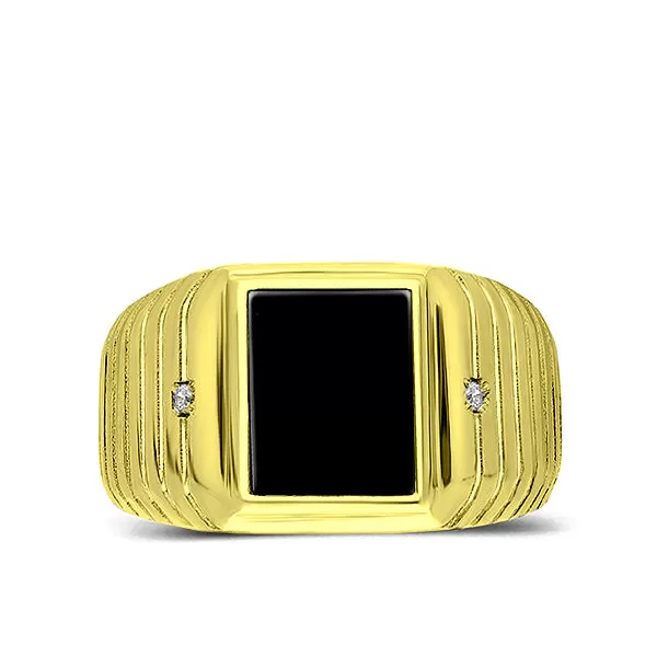 18K Gold Plated on 925 Solid Silver Mens Black Onyx Ring With 2 Diamond Accents