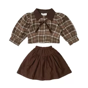 2 Pieces Set Baby Kid Girls Checked Blouses And Solid Color Skirts