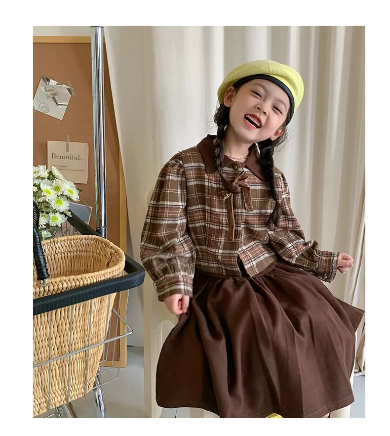 2 Pieces Set Baby Kid Girls Checked Blouses And Solid Color Skirts