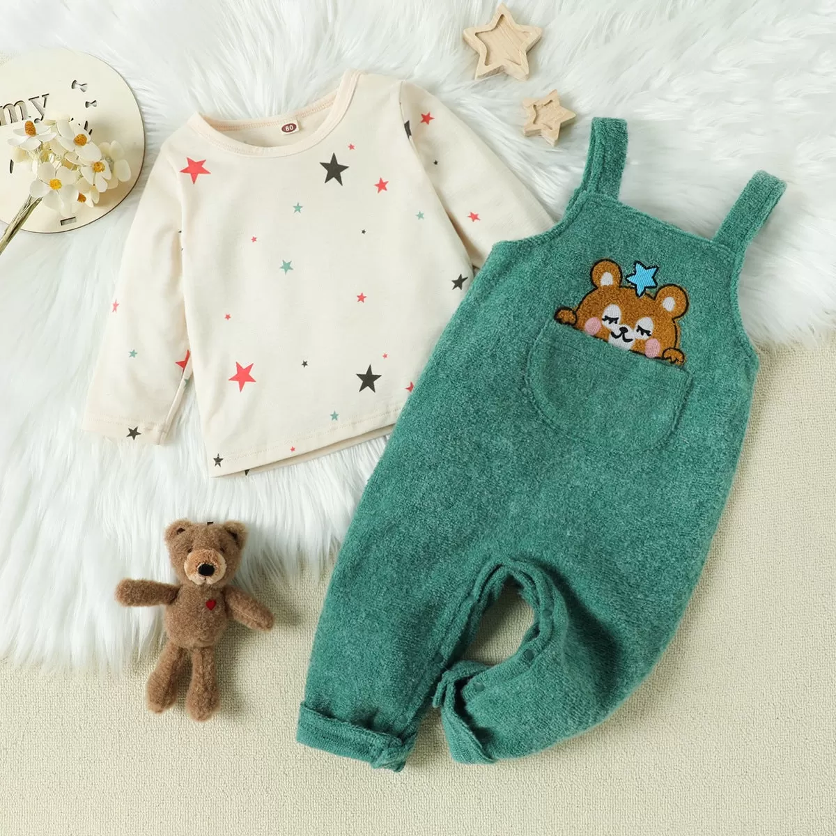 2 Pieces Set Baby Kid Unisex Star Tops And Cartoon Jumpsuits