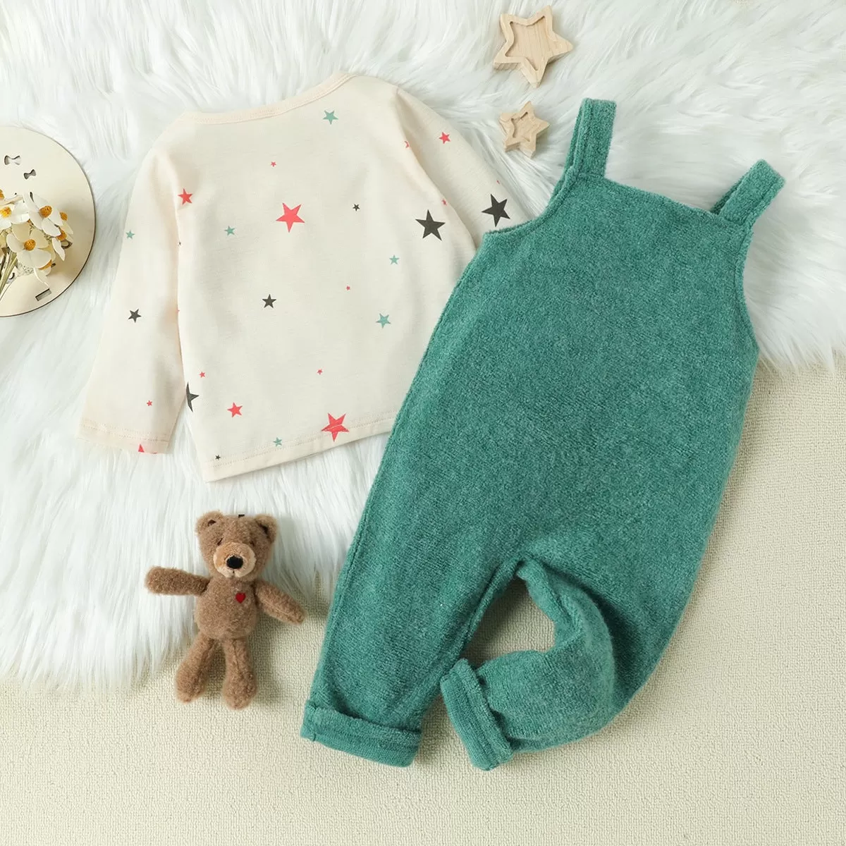 2 Pieces Set Baby Kid Unisex Star Tops And Cartoon Jumpsuits