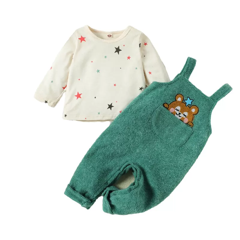 2 Pieces Set Baby Kid Unisex Star Tops And Cartoon Jumpsuits