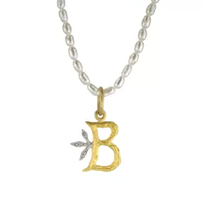 22K Gold Textured B Pendant with Platinum and Diamonds