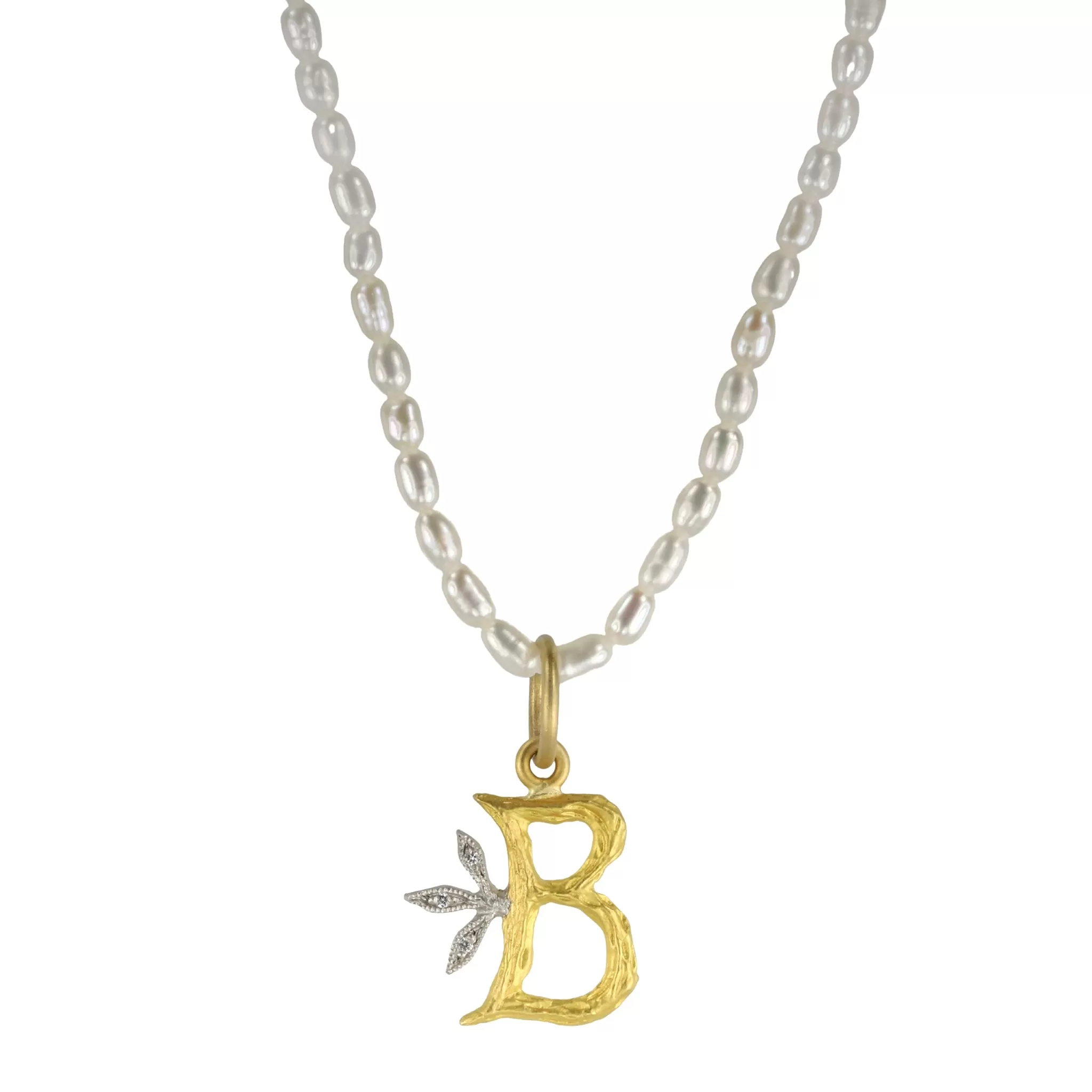 22K Gold Textured B Pendant with Platinum and Diamonds