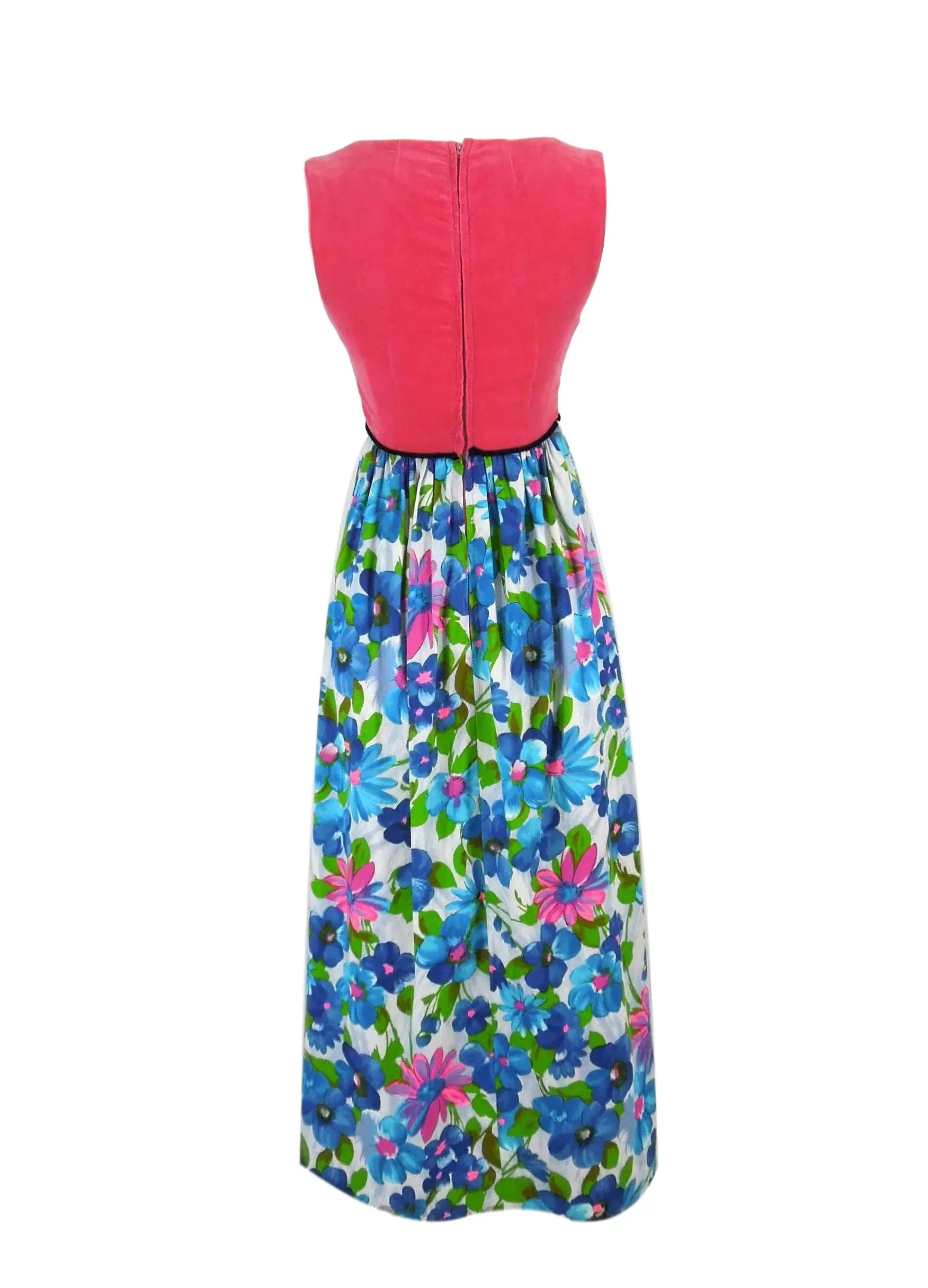 60s Maxi Dress in Hot Pink Velvet Over Floral - xs, sm