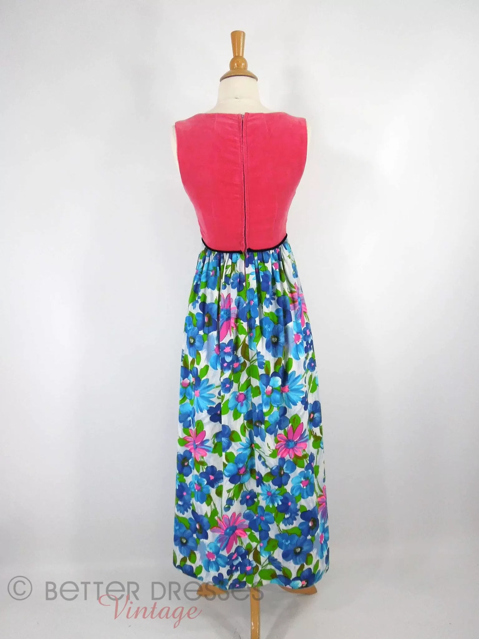 60s Maxi Dress in Hot Pink Velvet Over Floral - xs, sm