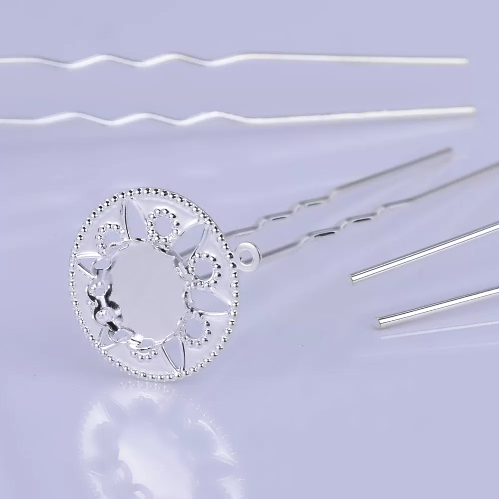 75mm U Shape Hair Pins with 10mm Cameo Base Clips Bridal bridesmaid hair pin Hair accessories silver 10pcs