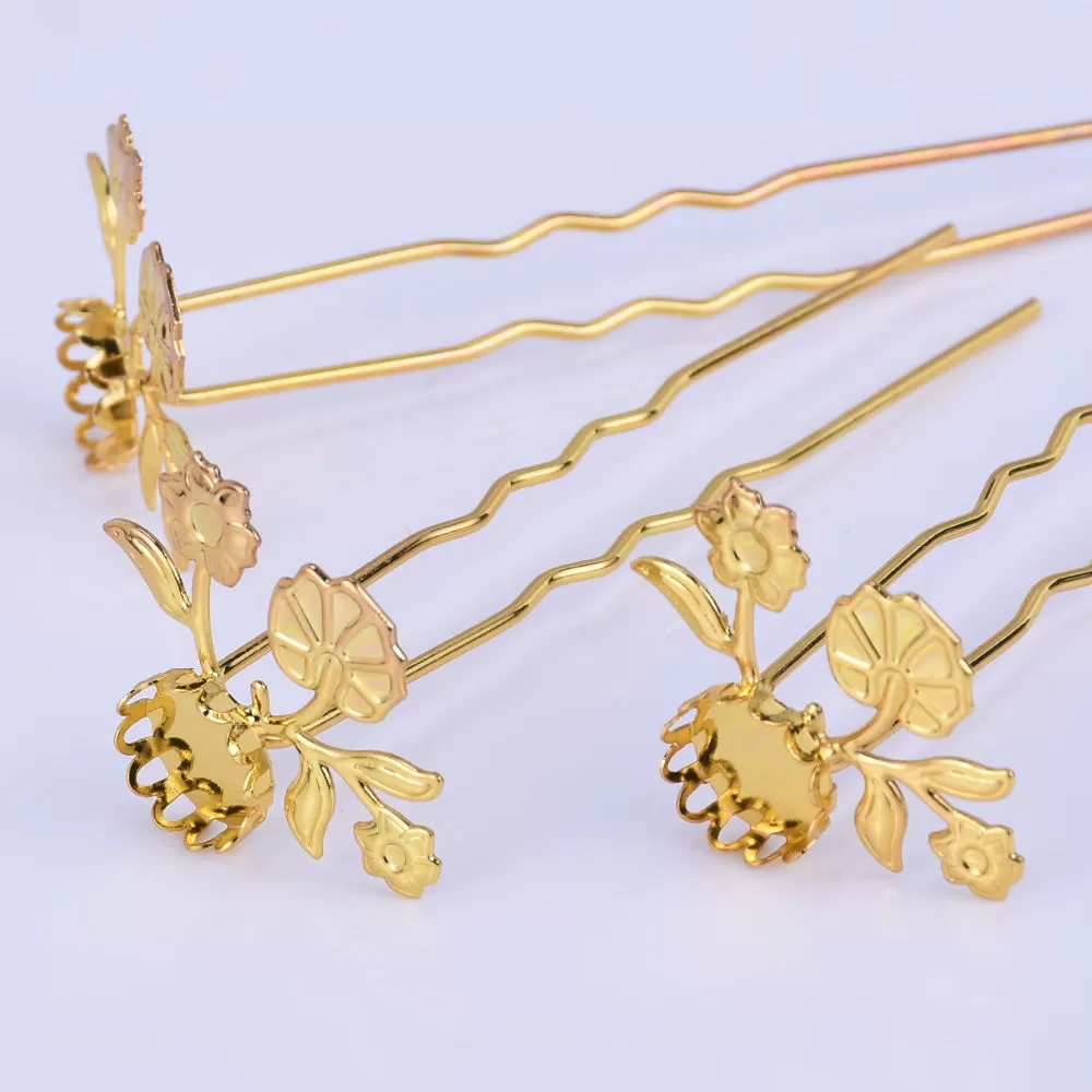 75mm U style Hairpin Making Wedding Hair Accessories with 10mm Base Hair forks Hair Stick Bobby Pins gold 10pcs