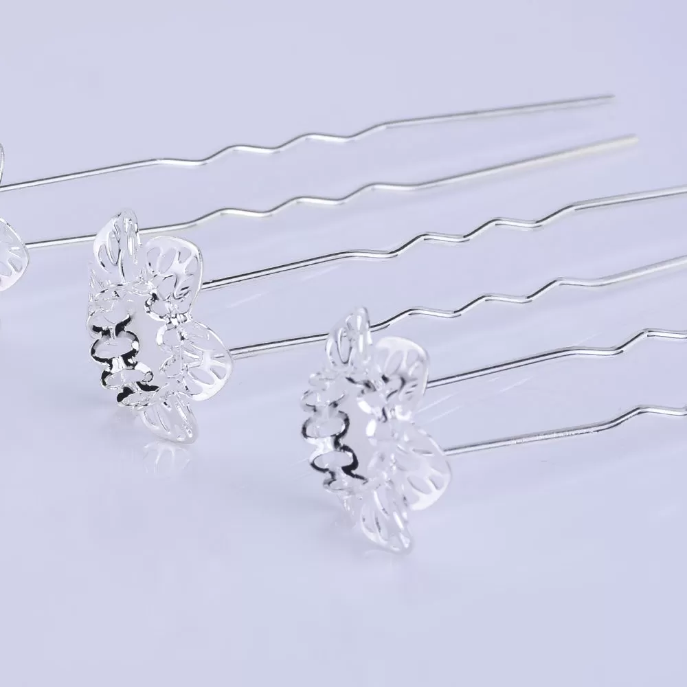 75mm U style Hairpin with 10mm Cameo Base Clips Hair Bobby U Pins Wedding Hair Pins silver 10pcs