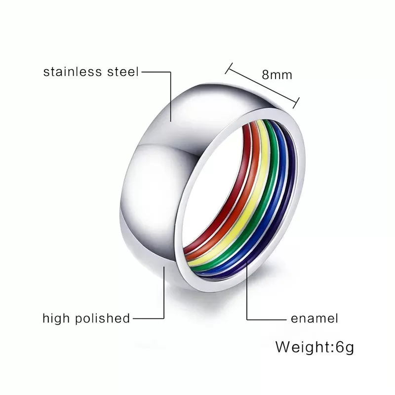 8mm Silver Stainless Steel Rainbow Enamel Wedding Engagement Promise Band Ring