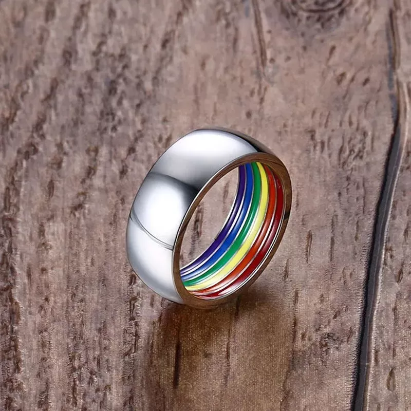 8mm Silver Stainless Steel Rainbow Enamel Wedding Engagement Promise Band Ring