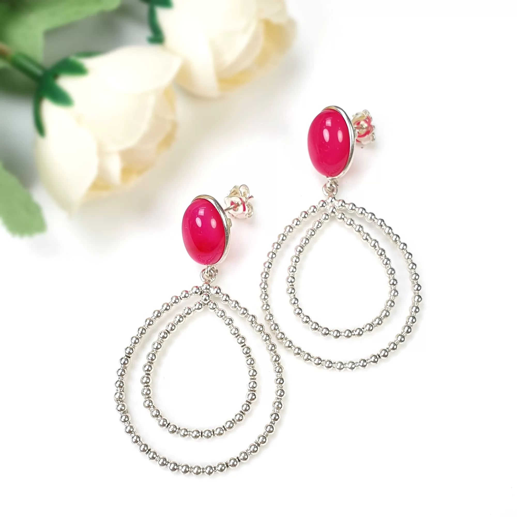 925 Sterling Silver Earring 2.5" Pink Rhinestone Fancy Silver Round Beads Bezel Set Push Back Fashion Hoop Earring Gift For Her