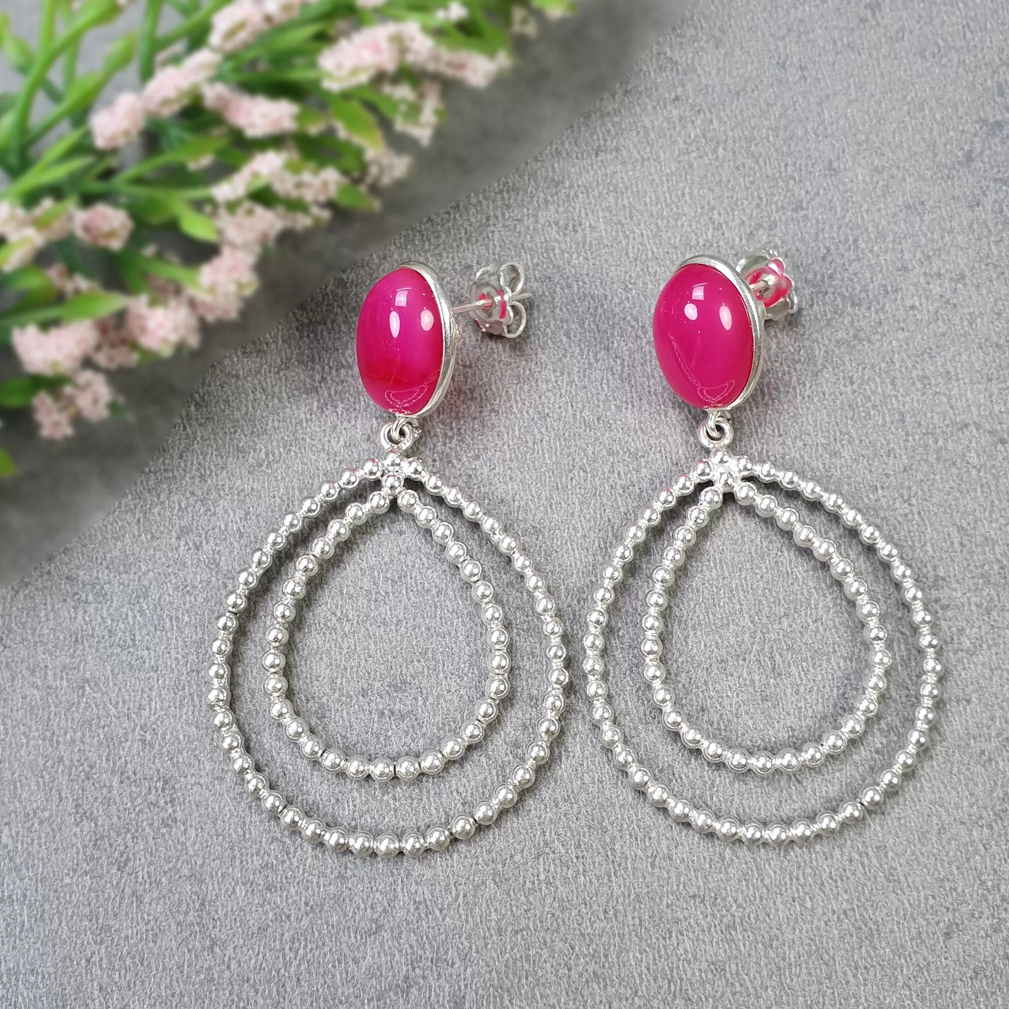 925 Sterling Silver Earring 2.5" Pink Rhinestone Fancy Silver Round Beads Bezel Set Push Back Fashion Hoop Earring Gift For Her