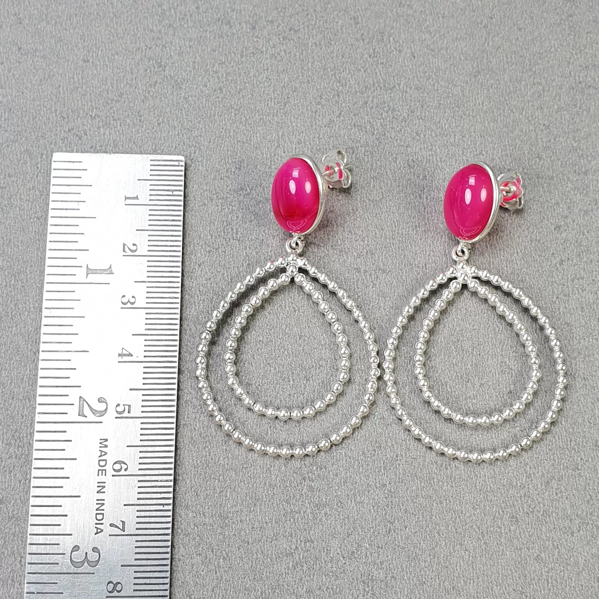 925 Sterling Silver Earring 2.5" Pink Rhinestone Fancy Silver Round Beads Bezel Set Push Back Fashion Hoop Earring Gift For Her