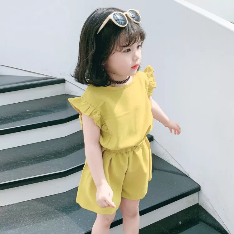 9M-6Y Solid Lotus Sleeveless One Piece Chiffon Tops And Shorts Two Sets Baby Wholesale Clothing