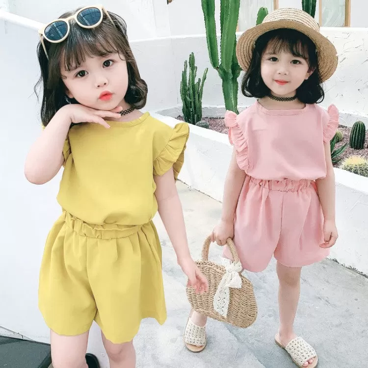 9M-6Y Solid Lotus Sleeveless One Piece Chiffon Tops And Shorts Two Sets Baby Wholesale Clothing