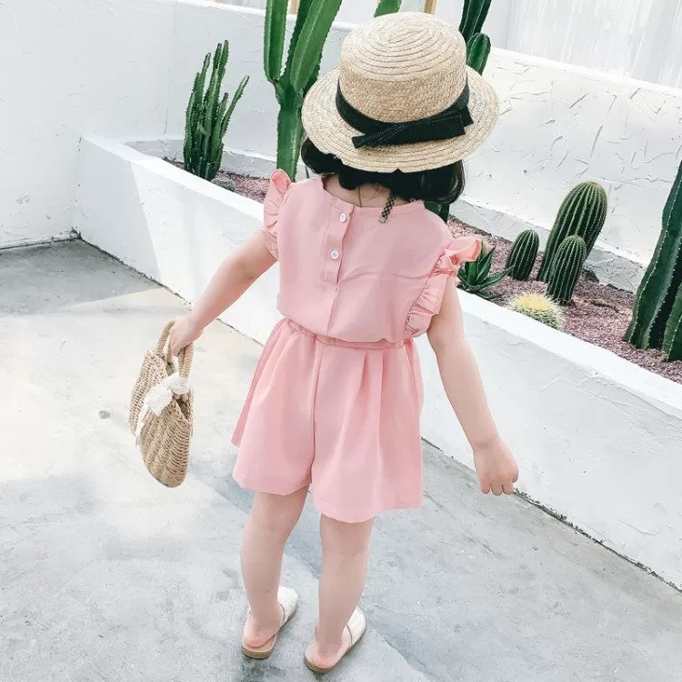 9M-6Y Solid Lotus Sleeveless One Piece Chiffon Tops And Shorts Two Sets Baby Wholesale Clothing