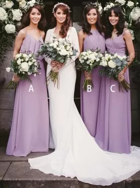 A-Line V-Neck Floor Length Purple Chiffon Bridesmaid Dress