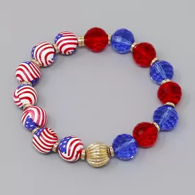 American Flag Wood And Faceted Bead Stretch Bracelet