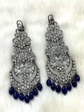 Anarkali Blue , Zircon Diamond Long earrings in  Victorian Black finish With Deep Blue Beads Hanging with back clip support-SANDY001B