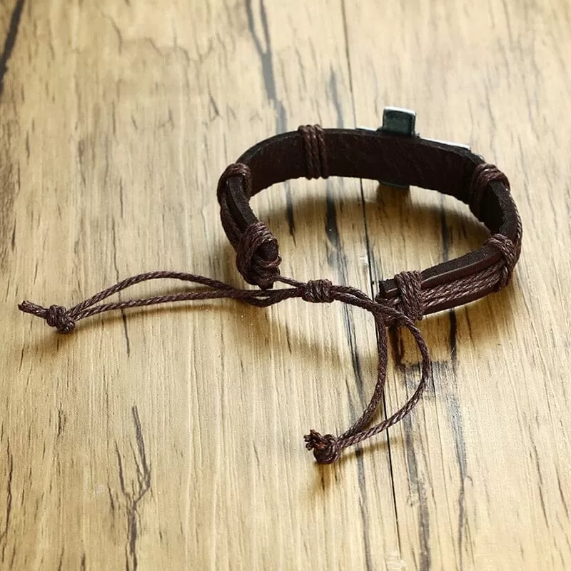 Ancient Cross WWJD Brown Vintage Leather Bracelet