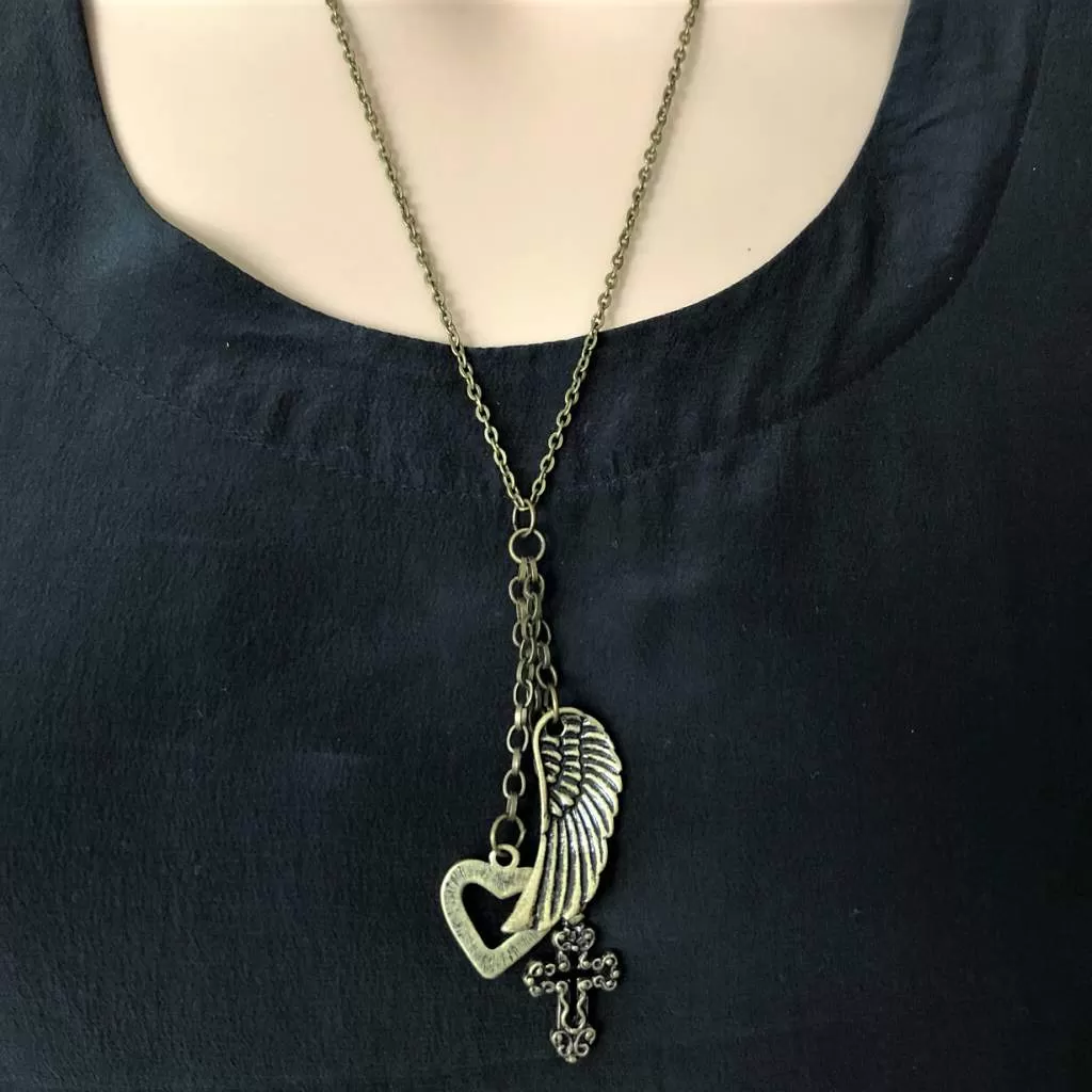 Antique Brass Boho Wing, Heart, and Cross Long Necklace