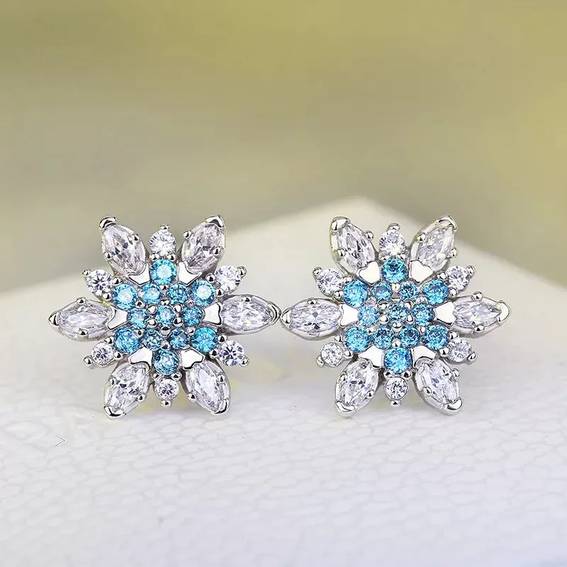 Aquamarine Blue Snowflakes Stud Earrings