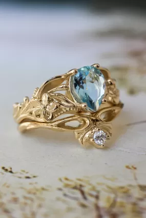 Aquamarine bridal ring set, art nouveau ring / Eloise