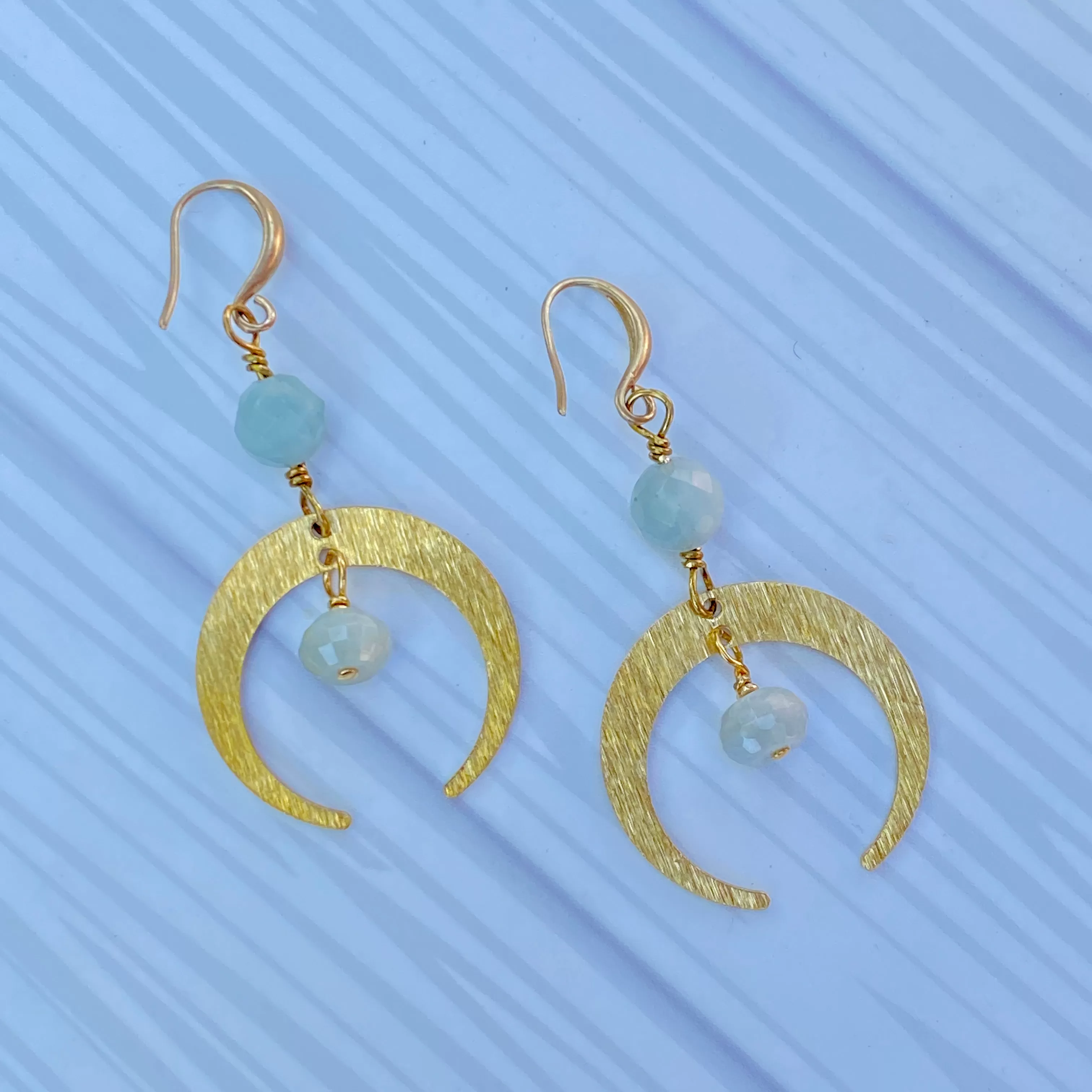 Aquamarine gemstone and brass Moon Earrings