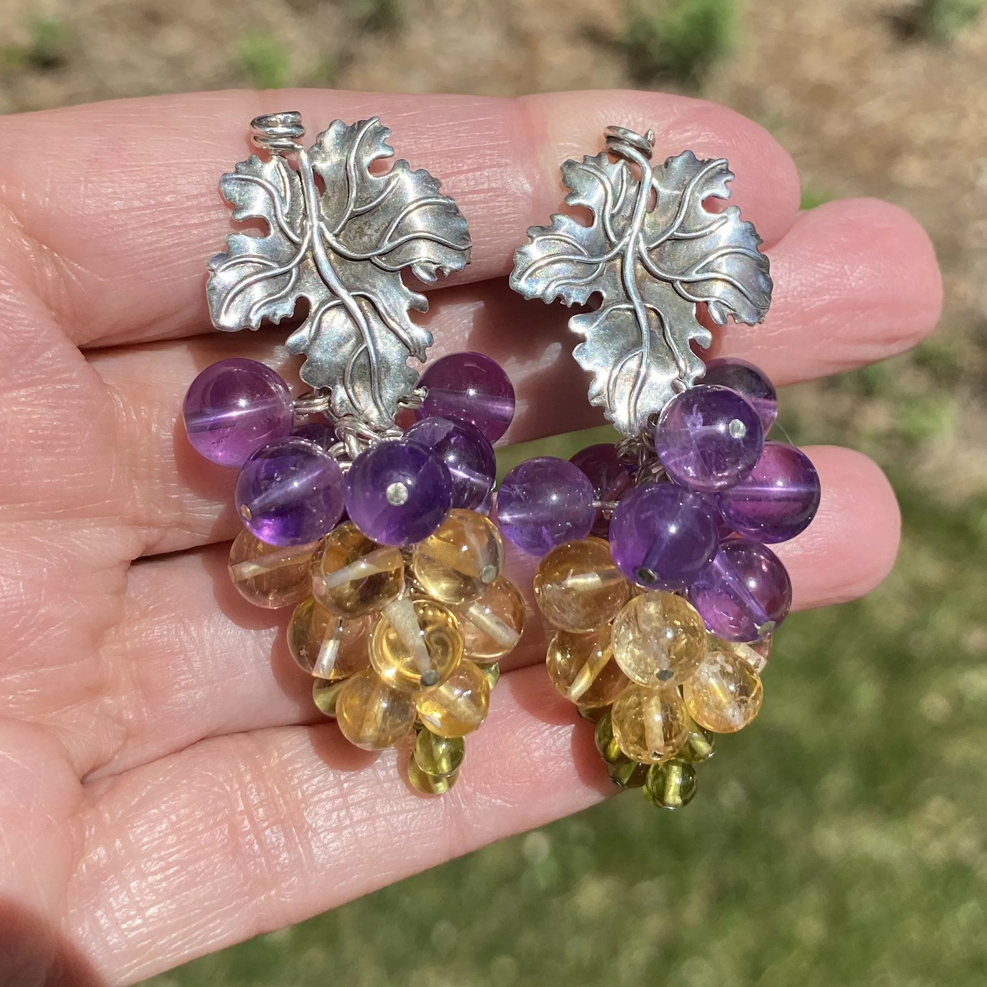 Arts and Crafts Silver Amethyst Citrine Peridot Dangle Earrings