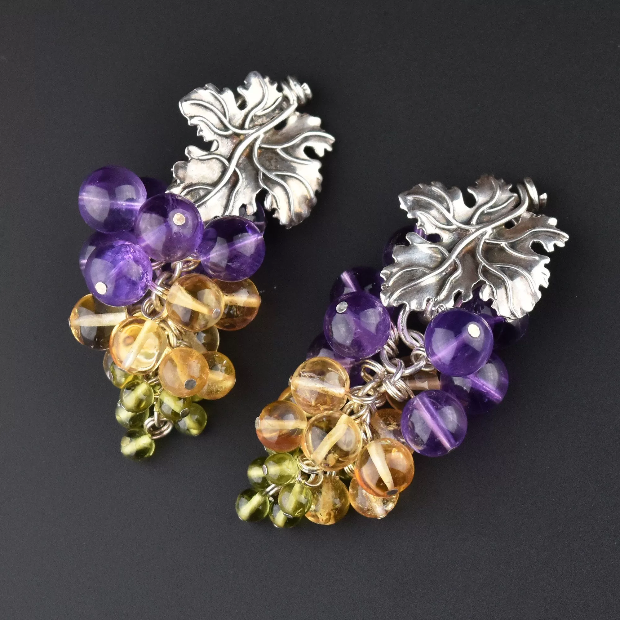 Arts and Crafts Silver Amethyst Citrine Peridot Dangle Earrings