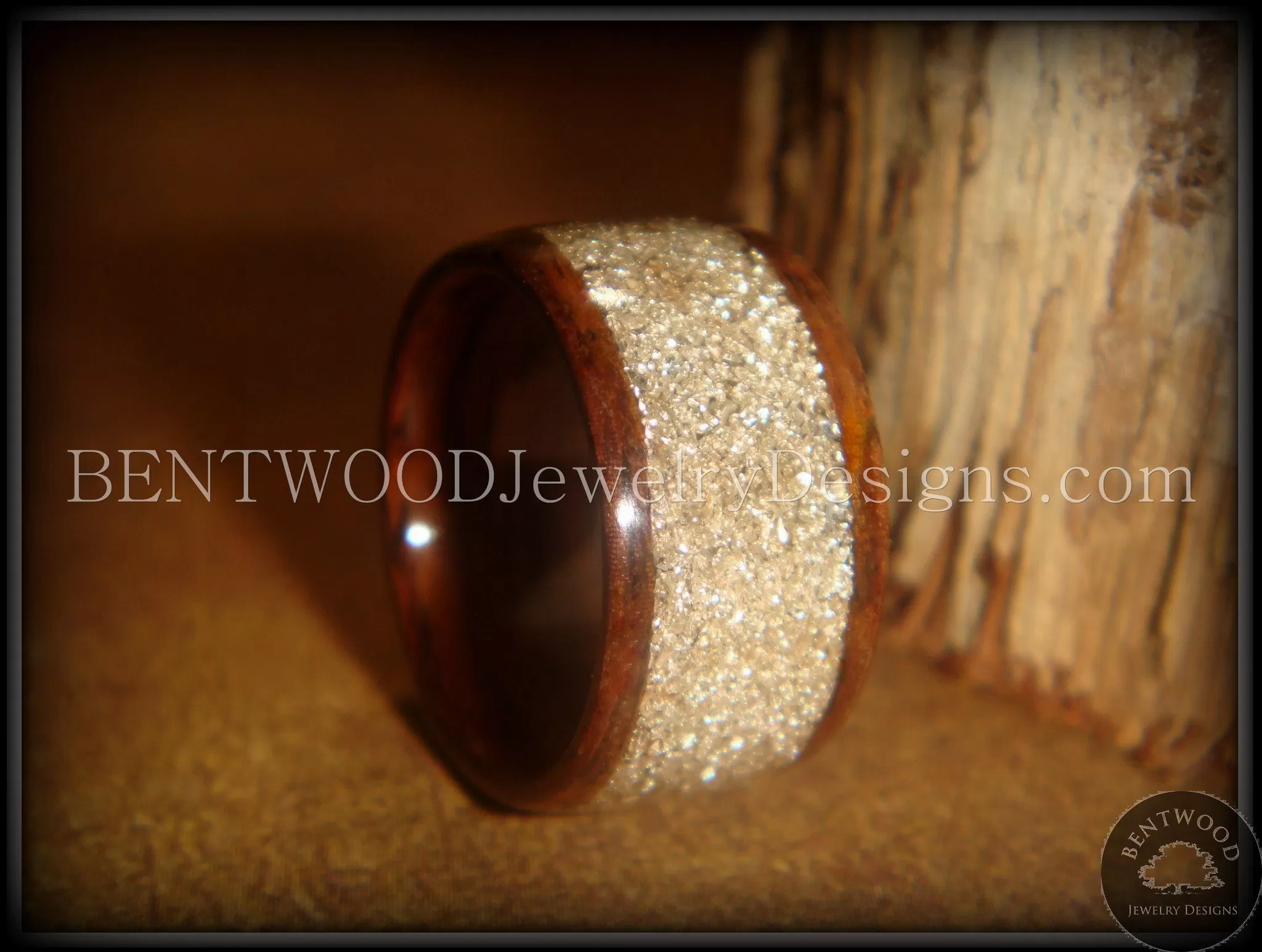 Bentwood Ring - Rosewood Ring with Pulverized Silver Glass Inlay