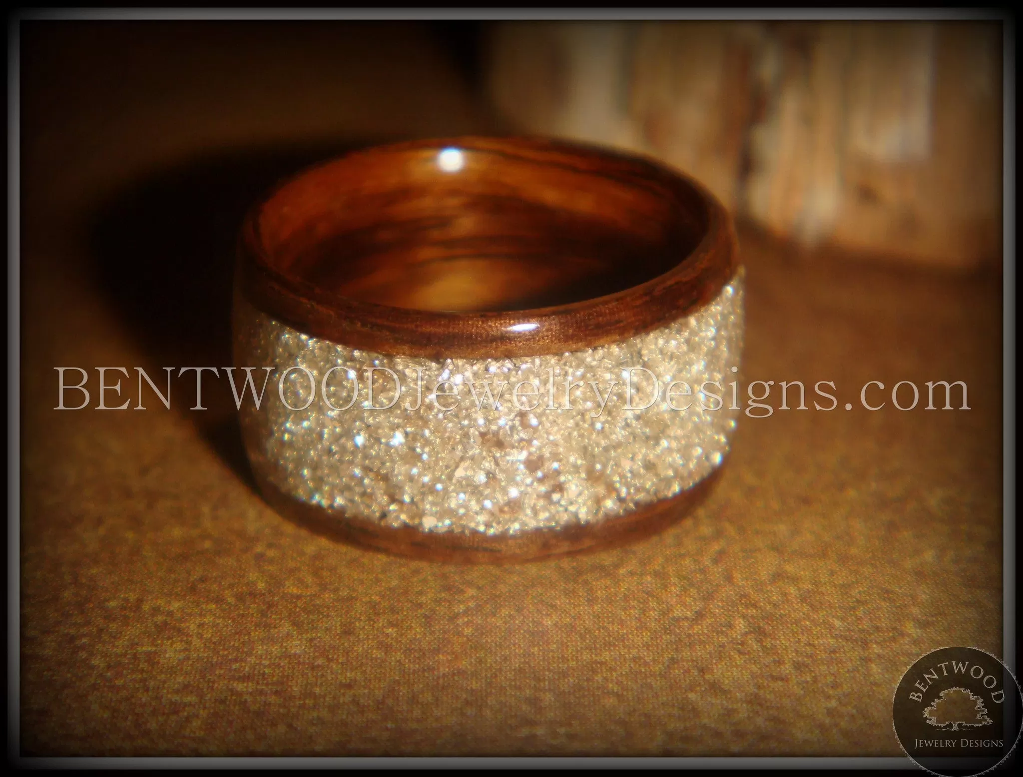 Bentwood Ring - Rosewood Ring with Pulverized Silver Glass Inlay