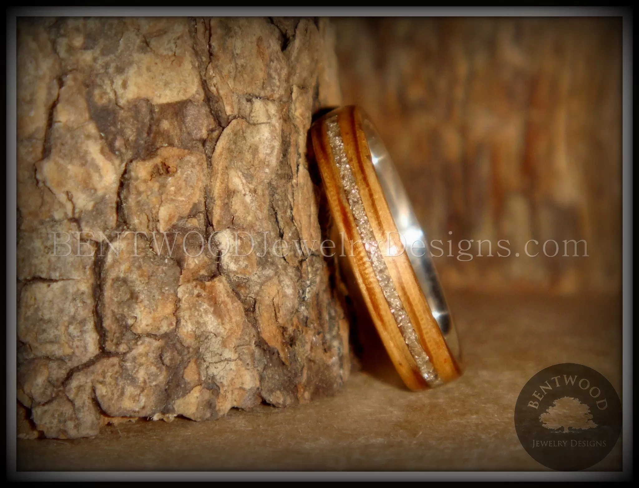 Bentwood Ring - Zebrawood Ring with Fine Silver Core and Silver Glass Inlay