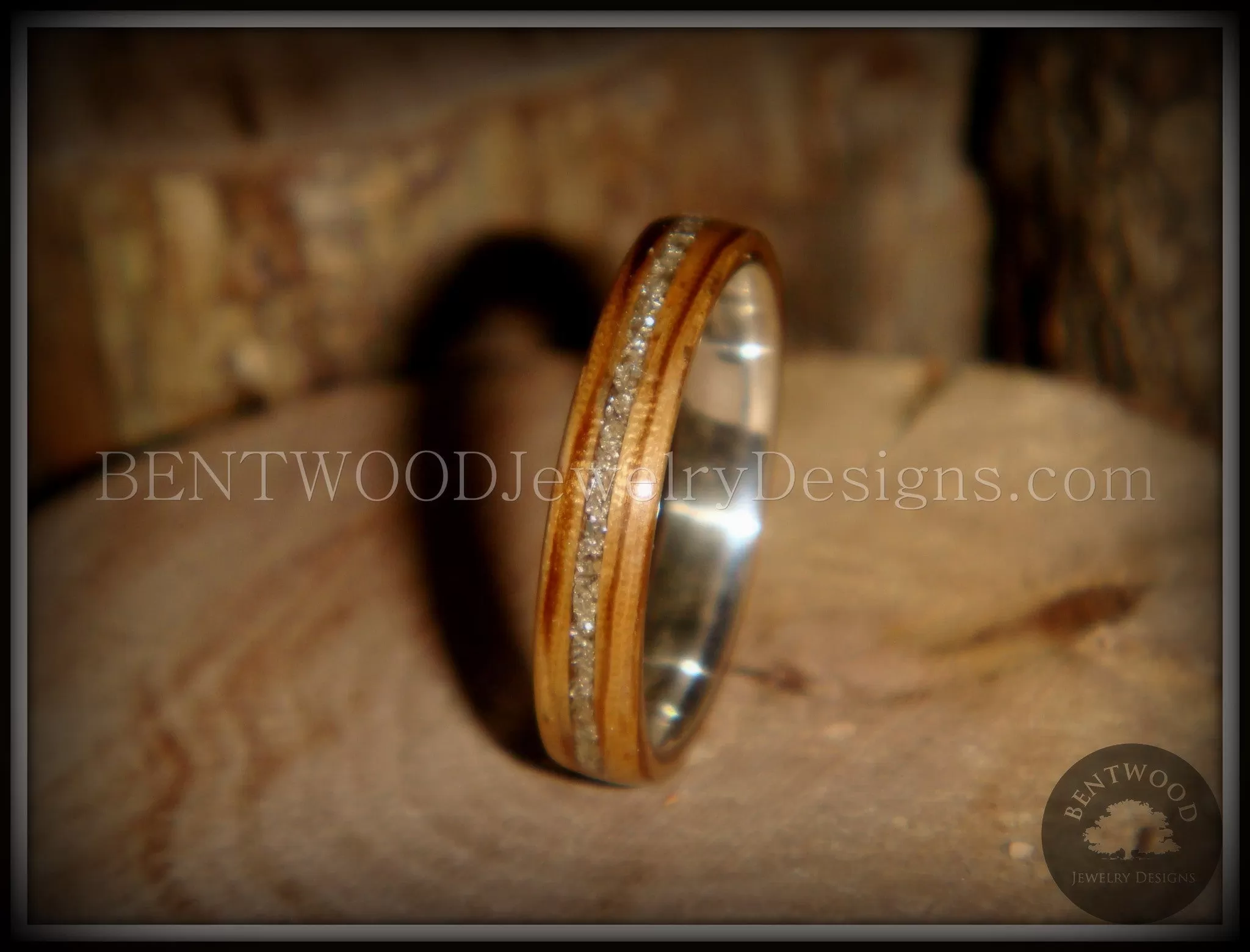 Bentwood Ring - Zebrawood Ring with Fine Silver Core and Silver Glass Inlay