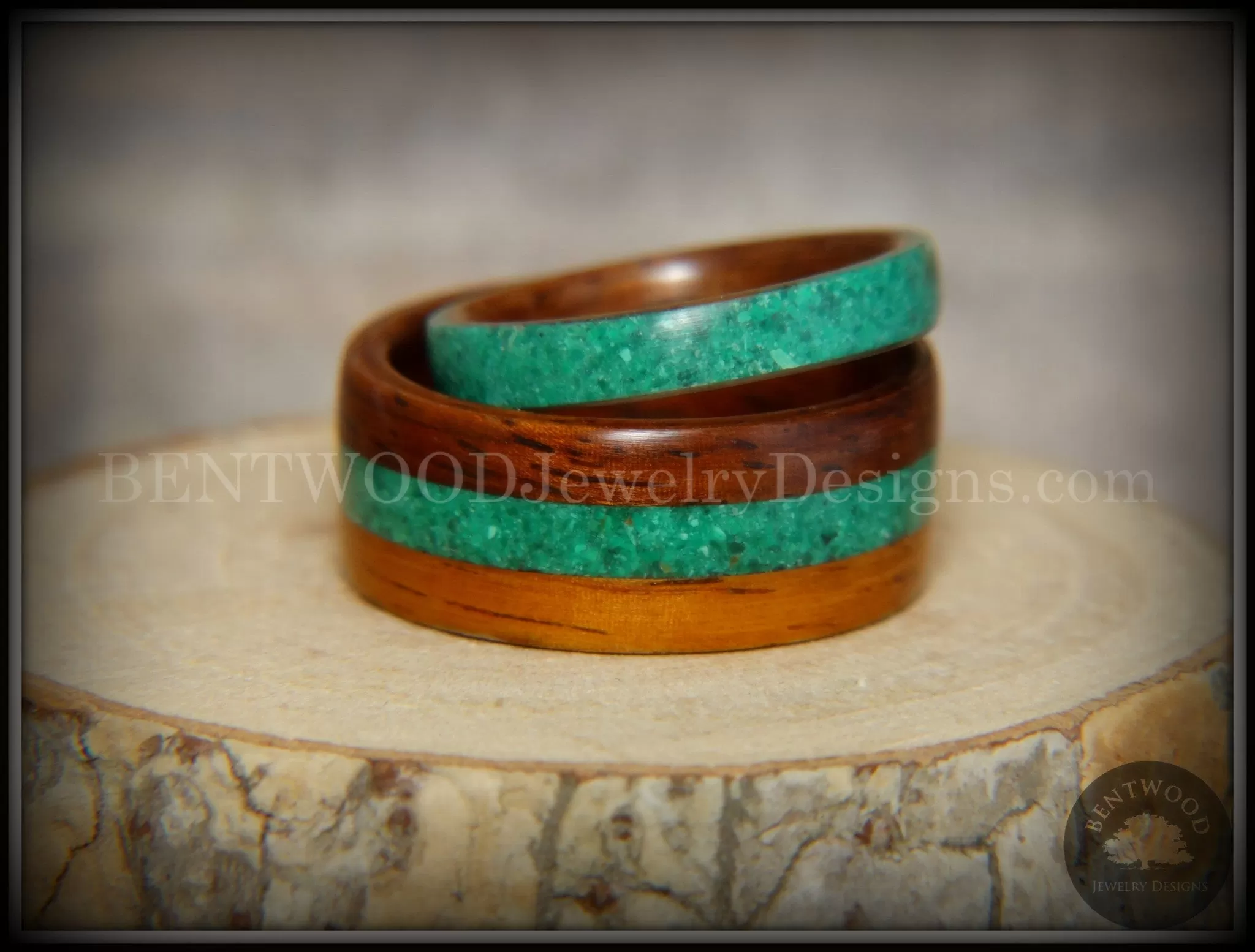 Bentwood Rings Set - Striped Rosewood Wood Rings with Malachite Inlays