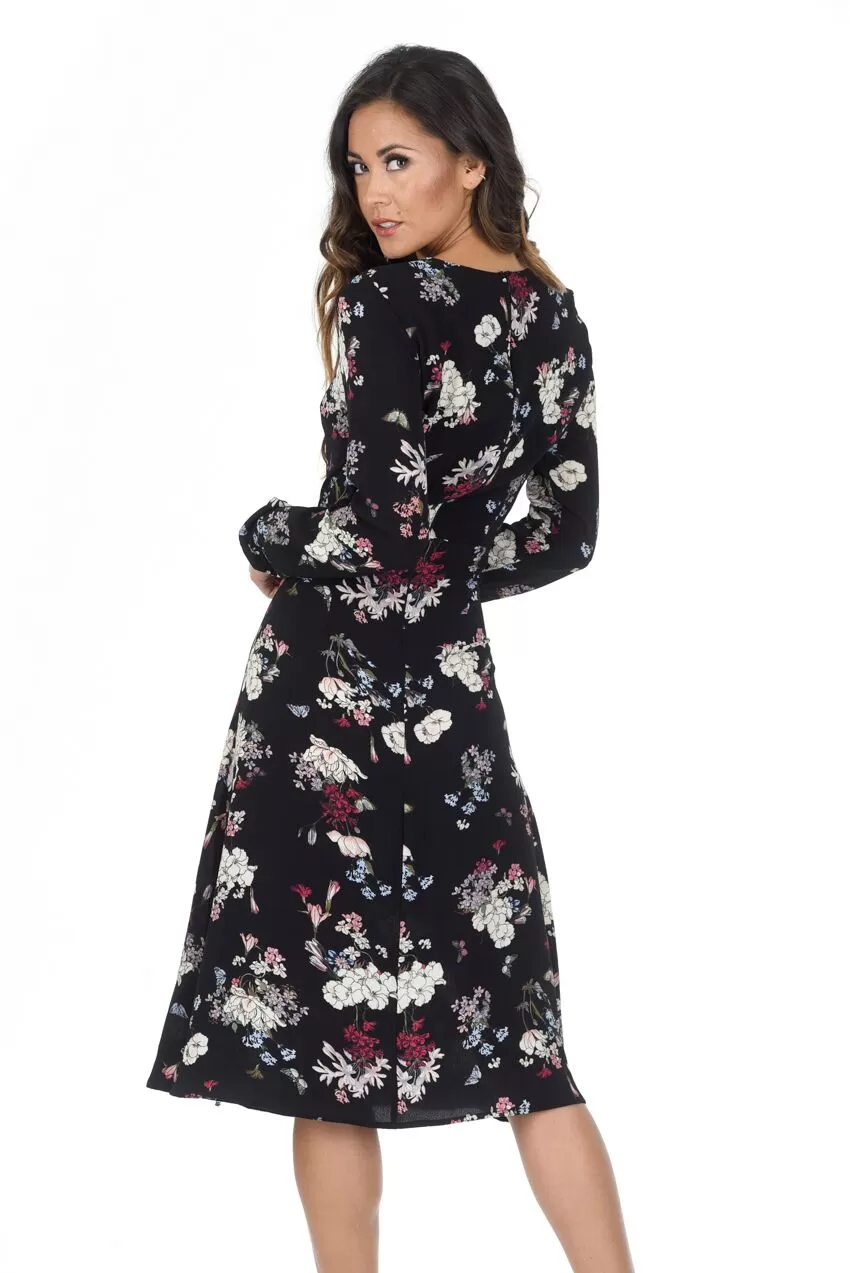 Black Floral Long Sleeve Swing Dress