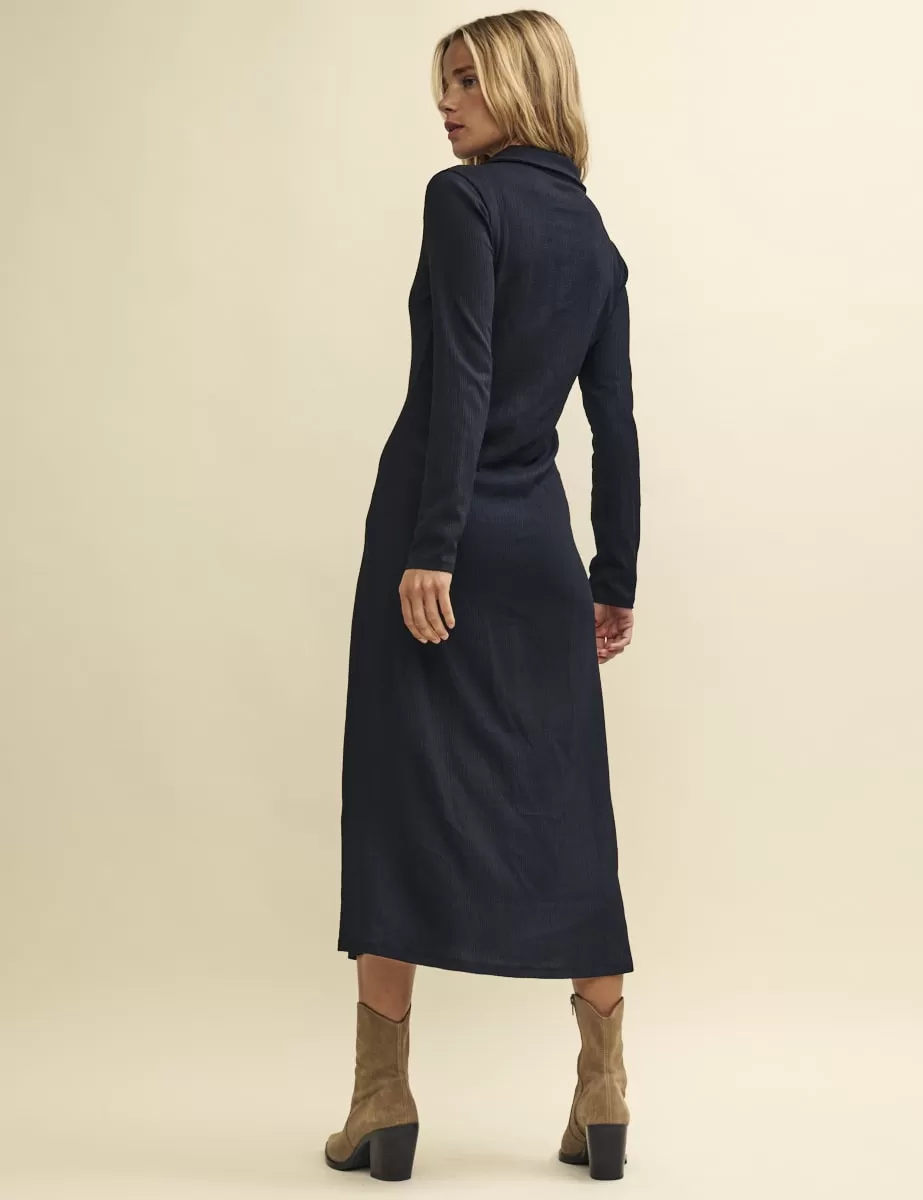 Black Long Sleeve Crinkle Collar Reed Midaxi Dress