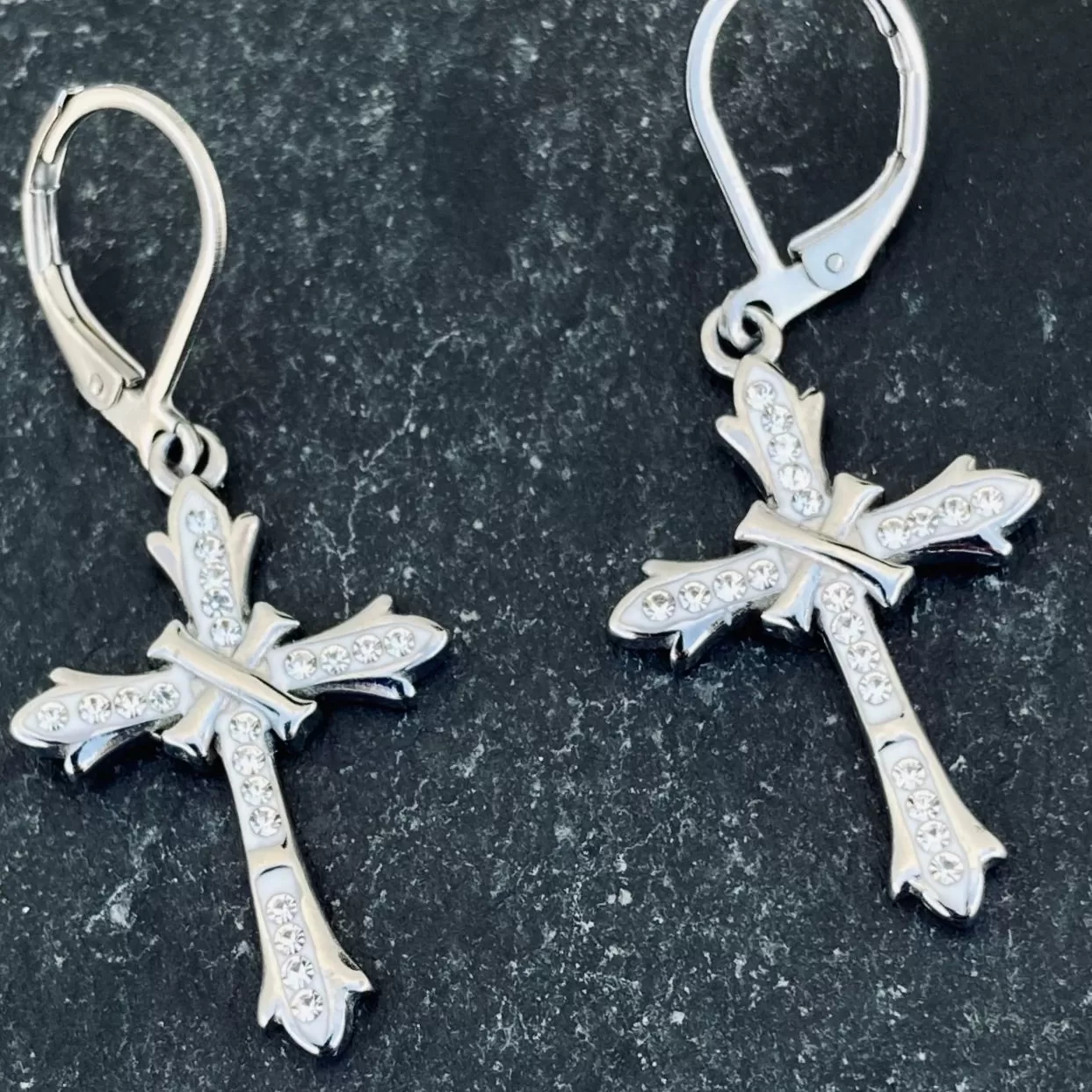 Bling Cross - White Stone - Lever Back Earrings -  SK2604L