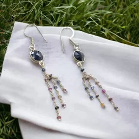 Blue & Multi Sapphire Gemstone 925 Sterling Silver Beaded Earrings : 2.88gms Natural Sapphire Drop Dangle Statement Hook Earring 2.5"