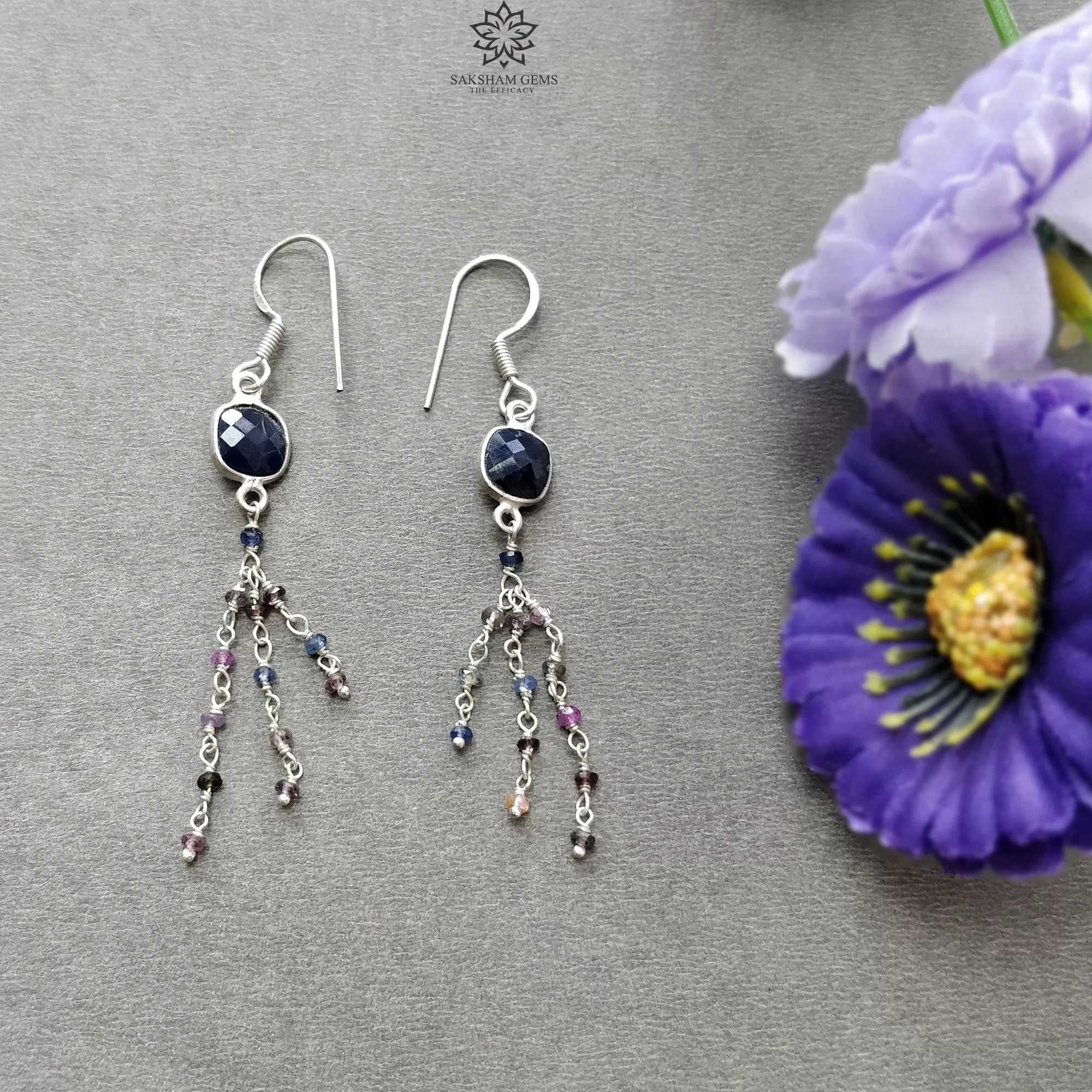 Blue & Multi Sapphire Gemstone 925 Sterling Silver Beaded Earrings : 2.88gms Natural Sapphire Drop Dangle Statement Hook Earring 2.5"