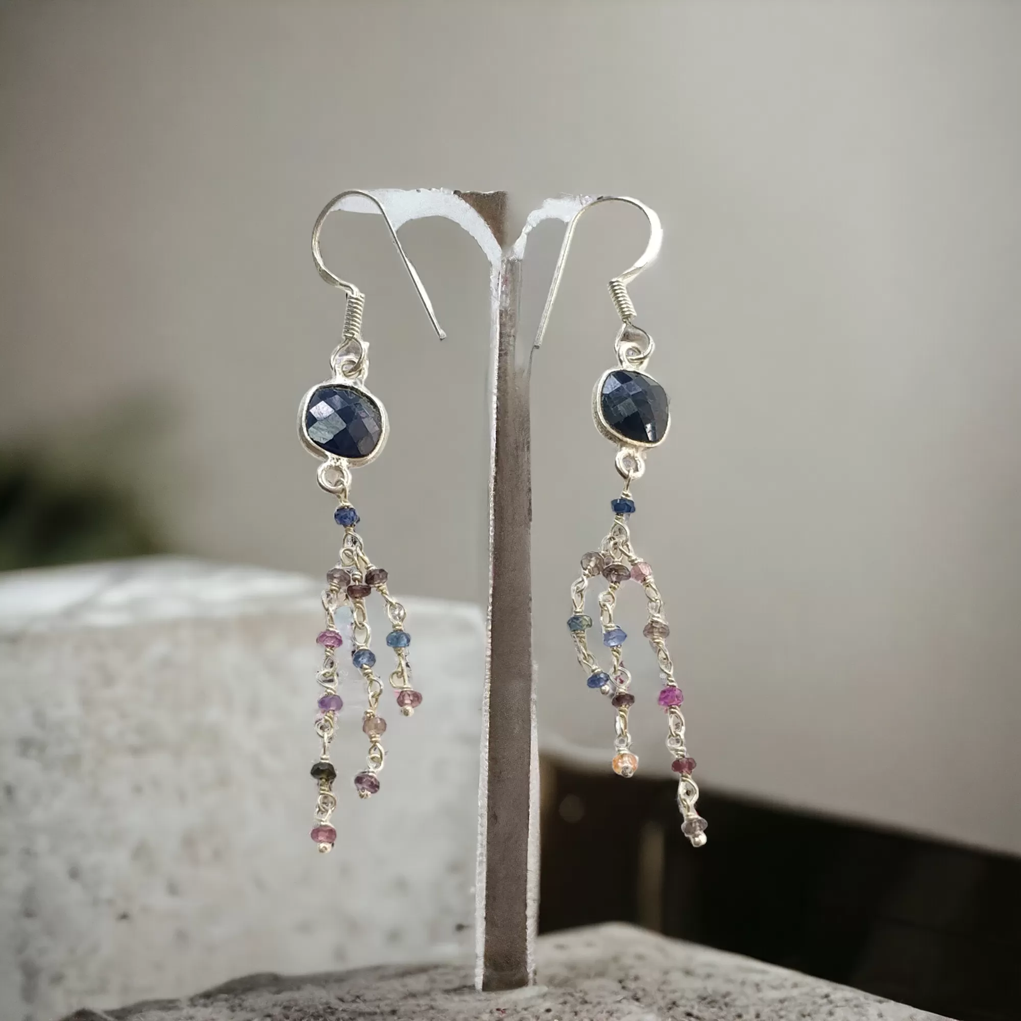 Blue & Multi Sapphire Gemstone 925 Sterling Silver Beaded Earrings : 2.88gms Natural Sapphire Drop Dangle Statement Hook Earring 2.5"