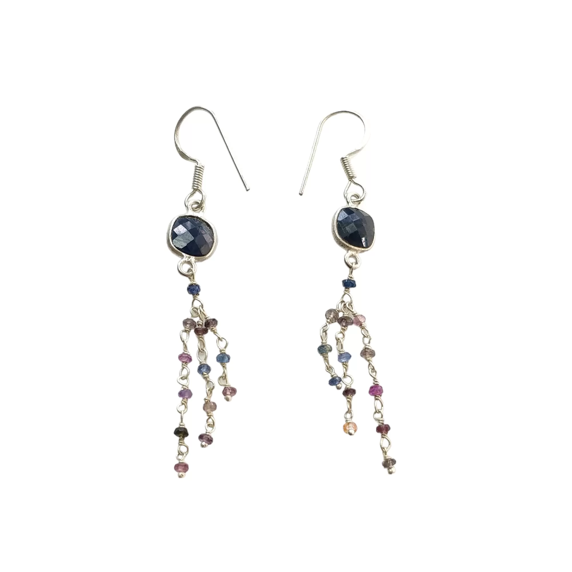 Blue & Multi Sapphire Gemstone 925 Sterling Silver Beaded Earrings : 2.88gms Natural Sapphire Drop Dangle Statement Hook Earring 2.5"